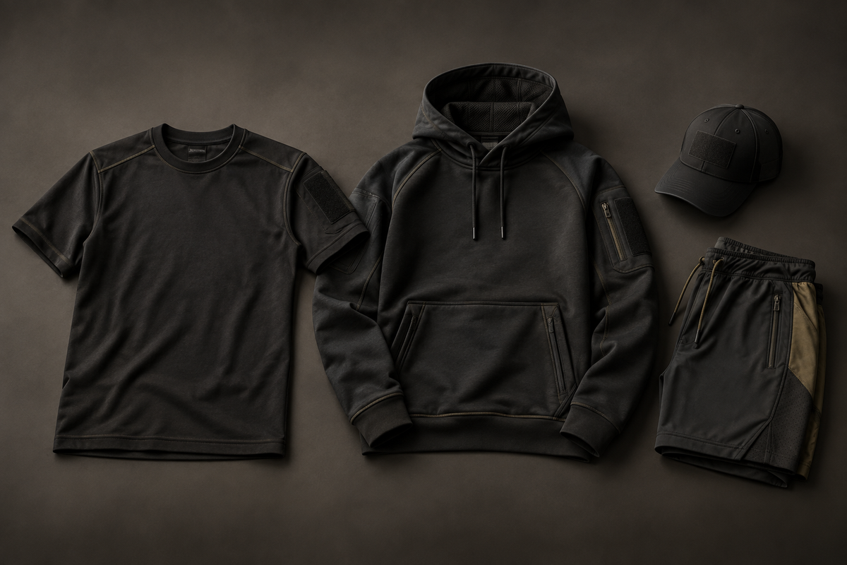 Black performance apparel with understated gold details