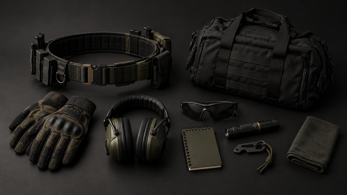 Dark flat lay of training and range gear